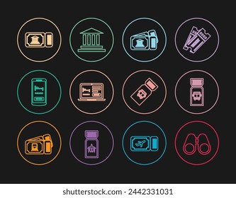 Set line Binoculars, Bus ticket, Museum, Online hotel booking,  and building icon. Vector