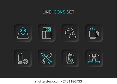 Prismáticos, Linterna de camping, Bala cruzada con flecha, Bala, Taza de café, Perro de caza, Caja de cerillas abierta y cerillas e icono de lugar. Vector