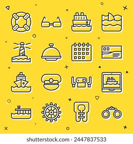 Set line Binoculars, Cruise ship, Postcard travel, Covered with tray, Lighthouse, Lifebuoy and Calendar icon. Vector
