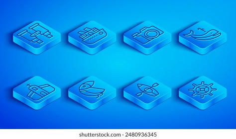 Set line Binoculars, Cruise ship, Photo camera, Albatross, Kayak and paddle, Whale, Church building and Ship steering wheel icon. Vector