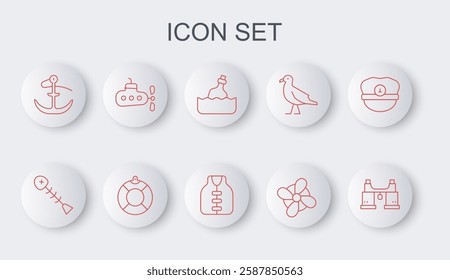 Set line Binoculars, Dead fish, Bottle with message water, Boat propeller, Anchor, Submarine, Lifebuoy and jacket icon. Vector