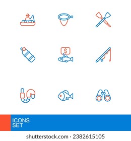 Set line Binoculars, Fish, Worm, Fishing rod, Aqualung, Price tag for fish, Crossed oars paddles boat and net icon. Vector