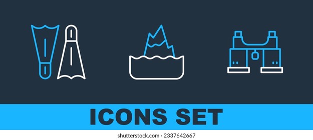 Set line Binoculars, Flippers for swimming and Iceberg icon. Vector