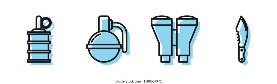 Set line Binoculars , Hand grenade , Hand grenade  and Military knife  icon. Vector