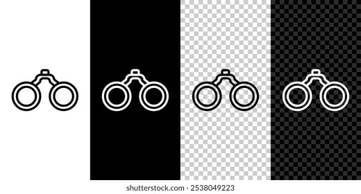Set line Binoculars icon isolated on black and white, transparent background. Find software sign. Spy equipment symbol.  Vector