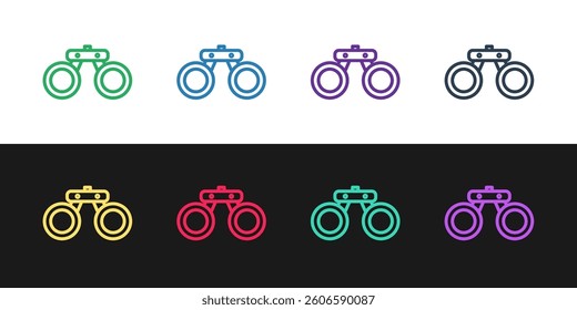 Set line Binoculars icon isolated on black and white background. Find software sign. Spy equipment symbol.  Vector
