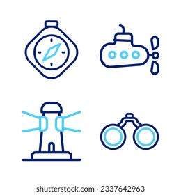Set line Binoculars, Lighthouse, Submarine and Compass icon. Vector