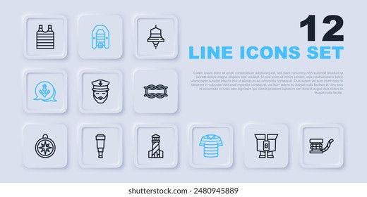 Set line Binoculars, Marine bollard with rope, Captain of ship, Striped sailor t-shirt, Anchor, Spyglass telescope lens, Inflatable boat motor and Lighthouse icon. Vector