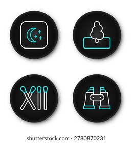 Set line Binoculars, Match stick, Tree and Moon and stars icon. Vector
