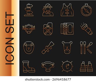 Prismáticos, fósforos, linterna, chaqueta de caza, botella de agua de la cantina, cornamentas de ciervo en el escudo, señal de tráfico de carretera y caja de fósforos e icono de partidos. Vector