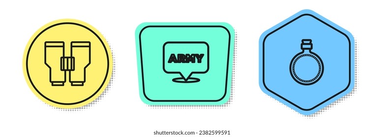 Set line Binoculars, Military army and Canteen water bottle. Colored shapes. Vector