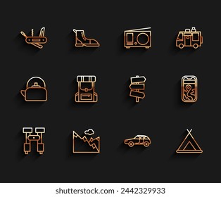 Prismáticos, Montañas, Cuchillo del ejército suizo, Coche, Tienda de campaña turística, Mochila de senderismo, Navegación por el mapa de la ciudad y Señalización de tráfico icono. Vector