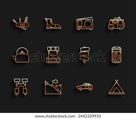 Set line Binoculars, Mountains, Swiss army knife, Car, Tourist tent, Hiking backpack, City map navigation and Road traffic signpost icon. Vector