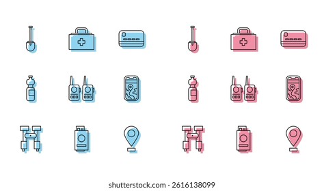 Set line Binoculars, Passport with ticket, Shovel, Location, Walkie talkie, City map navigation, Bottle of water and First aid kit icon. Vector