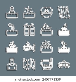 Set line Binoculars, Seagull sits on buoy, Bottle with message water, Captain hat, Aqualung, Periscope, Floating and Cruise ship icon. Vector
