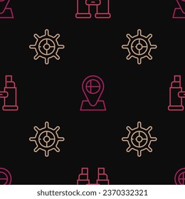 Set line Binoculars, Ship steering wheel and Location flag Iceland on seamless pattern. Vector