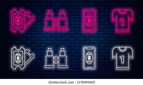 Set line Binoculars, Smartphone with american football ball on the screen, American Football ticket and American football jersey. Glowing neon icon on brick wall. Vector