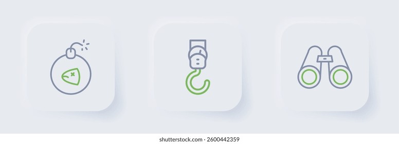 Set line Binoculars, Spring scale and Bomb icon. Vector