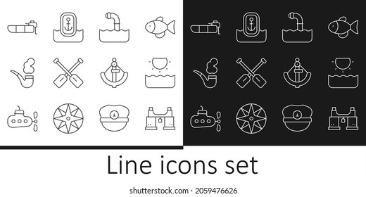 Set line Binoculars, Sun, Periscope, Paddle, Smoking pipe, Inflatable boat with motor, Anchor and Location anchor icon. Vector