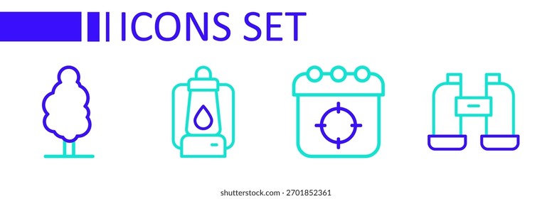Set line Binoculars, Target sport, Camping lantern and Tree icon. Vector