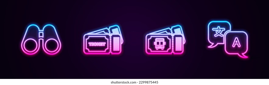 Linienbusse, Ticket, Busfahrkarte und Translator. Leuchtendes Neonsymbol. Vektorgrafik