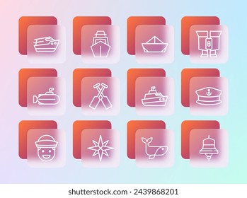 Set line Binoculars, Wind rose, Speedboat, Whale, Crossed oars or paddles, Folded paper,  and Yacht sailboat icon. Vector