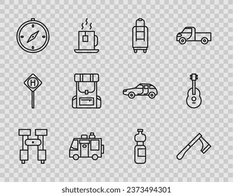 Set line Binoculars, Wooden axe, Suitcase, Rv Camping trailer, Compass, Hiking backpack, Bottle of water and Guitar icon. Vector