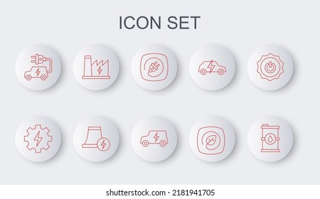 Set line Bio fuel barrel, Gear and lightning, Electric plug, Location with leaf, car, Nuclear power plant,  and  icon. Vector