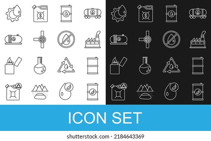 Set line Bio fuel barrel, Barrel oil, Oil industrial factory building, Industry pipes and valve,  and No drop icon. Vector
