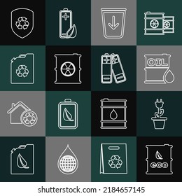 Set line Bio fuel barrel, Electric saving plug in pot, Oil, Send to the trash, Radioactive waste, Eco canister, Recycle inside shield and Battery icon. Vector