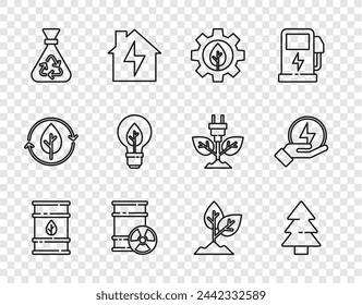 Set line Bio fuel barrel, Christmas tree, Leaf plant in gear machine, Radioactive waste, Garbage bag with recycle, Light bulb leaf, Plant and Lightning bolt icon. Vector