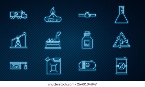 Set line Bio fuel barrel, Oil drop with recycle, Industry pipes and valve, industrial factory building, pump pump jack, Tanker truck, petrol test tube and Alcohol spirit burner icon. Vector