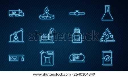 Set line Bio fuel barrel, Oil drop with recycle, Industry pipes and valve, industrial factory building, pump pump jack, Tanker truck, petrol test tube and Alcohol spirit burner icon. Vector