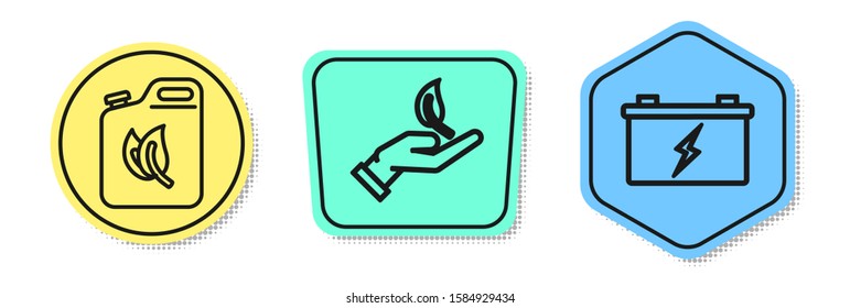 Set line Bio fuel canister, Sprout in hand of environmental protection and Car battery. Colored shapes. Vector