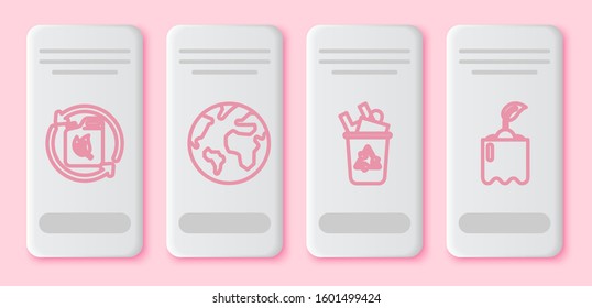 Set line Bio fuel canister, Earth globe, Recycle bin with recycle symbol and Sprout in bottle. White rectangle button. Vector