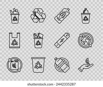 Set line Bio fuel canister, Sprout in hand of environmental protection, Stop ocean plastic pollution, Recycle bin with recycle symbol, No bottle and Planet earth recycling icon. Vector