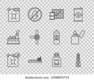 Set line Bio fuel canister, plataforma de aceite con fuego, aumento de Precio, barco cisterna, bote para gasolina, tuberías y válvulas industriales, tubo de ensayo de gasolina e ícono de encendedor. Vector