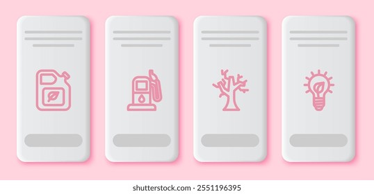 Set line Bio fuel canister, Petrol or gas station, Withered tree and Light bulb with leaf. White rectangle button. Vector
