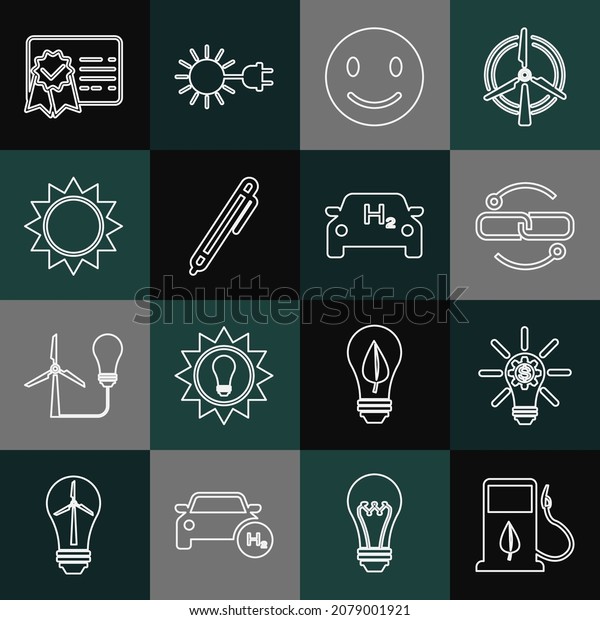 Set line Bio fuel with fueling nozzle, Light
bulb gear, Chain link line, Smile face, Pen, Sun, Certificate
template and Hydrogen car icon.
Vector