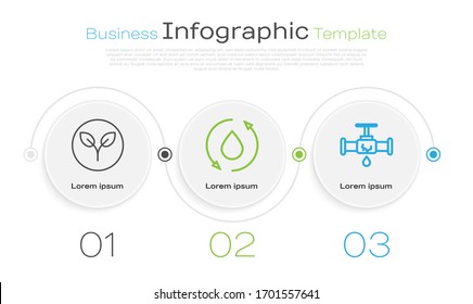 Set line Bio fuel, Oil drop and Broken pipe with leaking water. Business infographic template. Vector