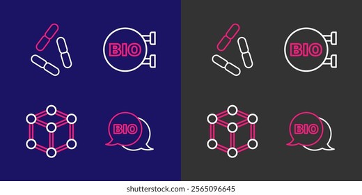 Set line Bio healthy food, Molecule,  and Virus icon. Vector