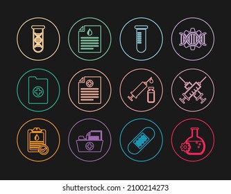 Set line Bioengineering, Crossed syringe, Test tube or flask, Clinical record, DNA research, search, Medical and vial and Clipboard with blood test icon. Vector