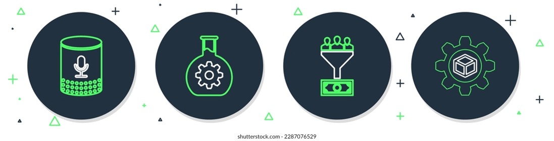 Indique la línea Bioingeniería, Administración de plomo, Asistente de voz e icono de desarrollo de producto. Vector