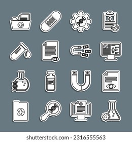 Set line Bioengineering, Paper page with eye, Clinical record on monitor, Genetic, Test tube drop of blood, Health folder and Magnet money icon. Vector