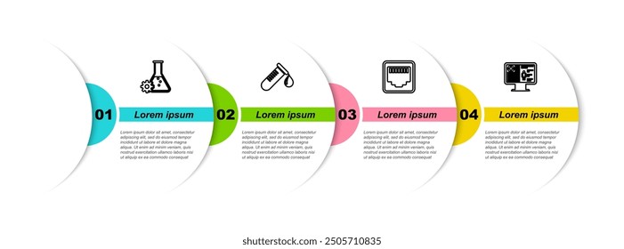 Set line Bioengineering, Test tube with drop of blood, Network port cable socket and Clinical record on monitor. Business infographic template. Vector