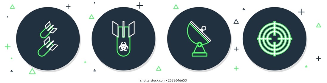 Set line Biohazard bomb, Radar, Aviation and Target sport icon. Vector