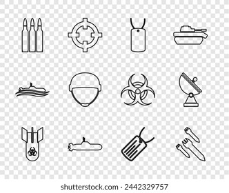 Set line Biohazard Bombe, Rakete, Militärische Hundemarke, U-Boot, Kugel, Helm und Radar-Symbol. Vektor