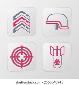 Set line Biohazard bomb, Target sport, Military helmet and rank icon. Vector