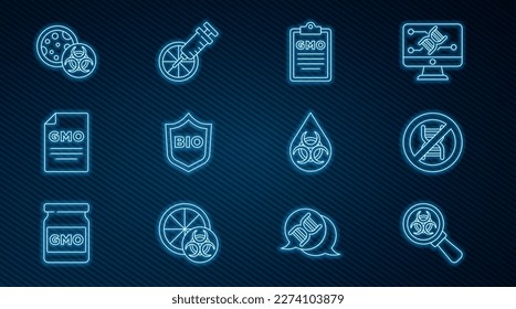 Set line Biohazard and magnifying glass, Stop GMO, Shield for bio healthy food,  and Genetically modified orange icon. Vector