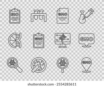 Set line Biohazard and magnifying glass, GMO, Petri dish with bacteria, Document for bio healthy food,  and  icon. Vector